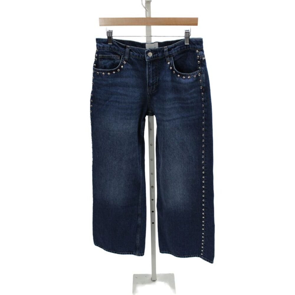 Reformation Women Dark Blue Wide-Leg Jeans Mid Rise Button 30 Inseam Size 28